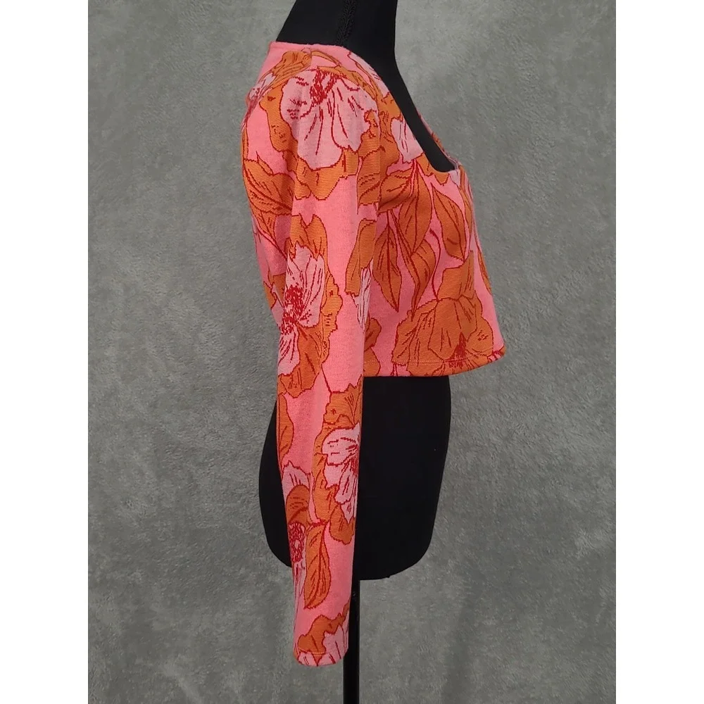 Zara Floral Sweetheart Jacquard Crop Top L‎ Long Sleeve Pink Orange Blogger Fav